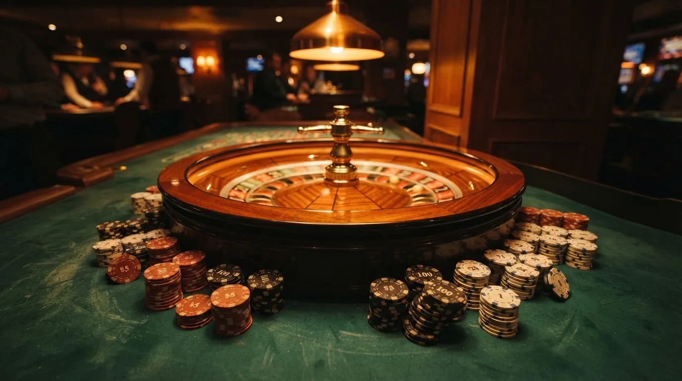 Roda de roleta e fichas sobre feltro verde, sob uma luz quente de fim de tarde — 1 euro casino em portugal