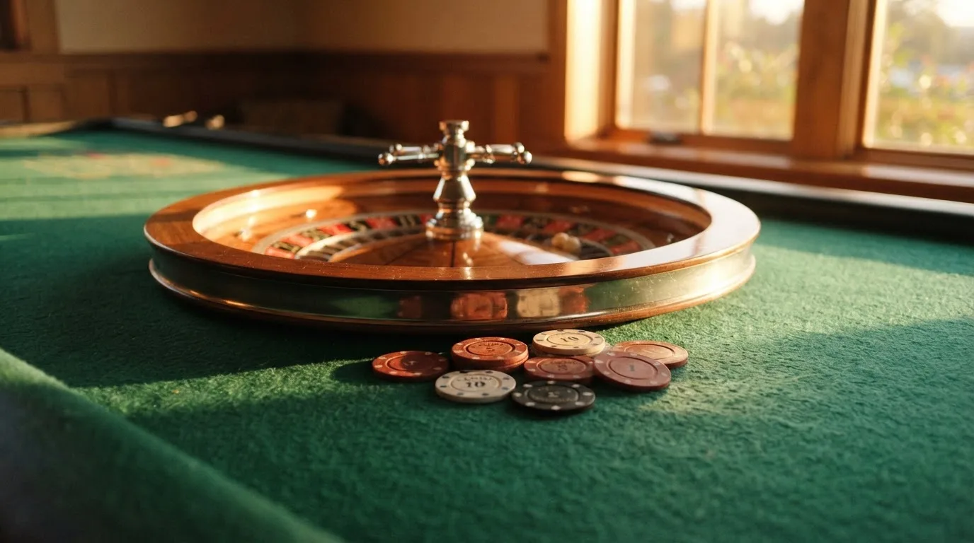 Roda de roleta e fichas sobre feltro verde, sob uma luz quente de fim de tarde — 10 euro casino em portugal