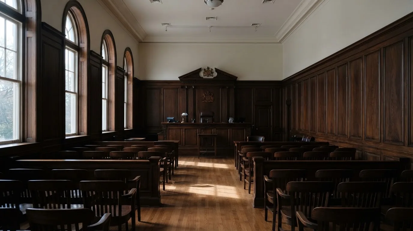 Sala de tribunal vazia com painéis de madeira, à luz da manhã — 20 euro casino em portugal