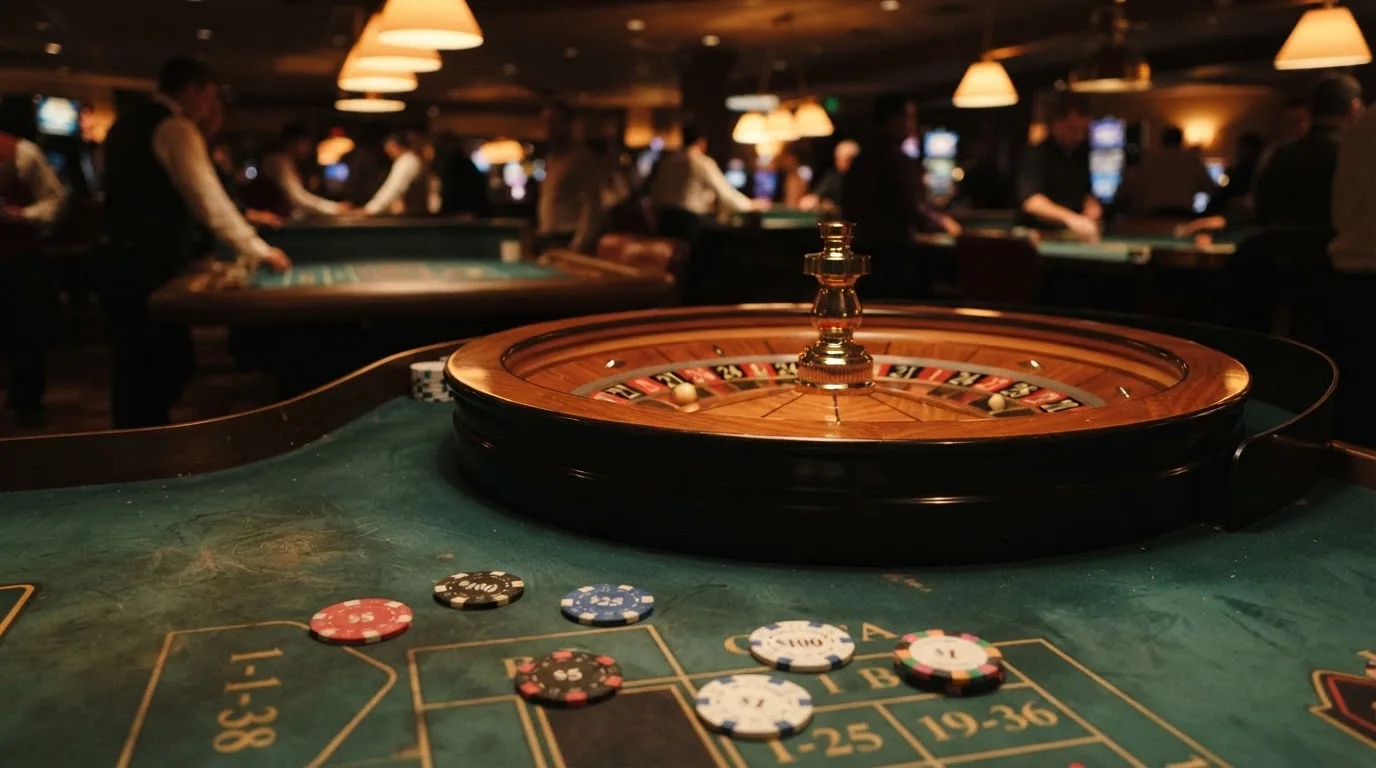 Roda de roleta e fichas sobre feltro verde, sob uma luz quente de fim de tarde — 20 euro casino em portugal