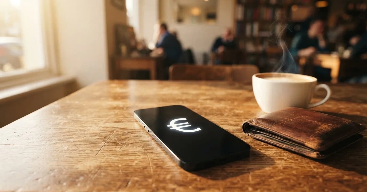 Telemóvel numa mesa de madeira ao lado de uma carteira e de uma chávena de café — 20 euro casino em portugal