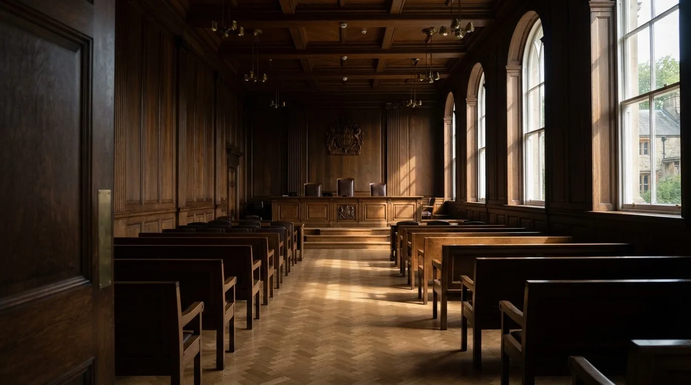 Sala de tribunal vazia com painéis de madeira, à luz da manhã — 5 euro casino em portugal