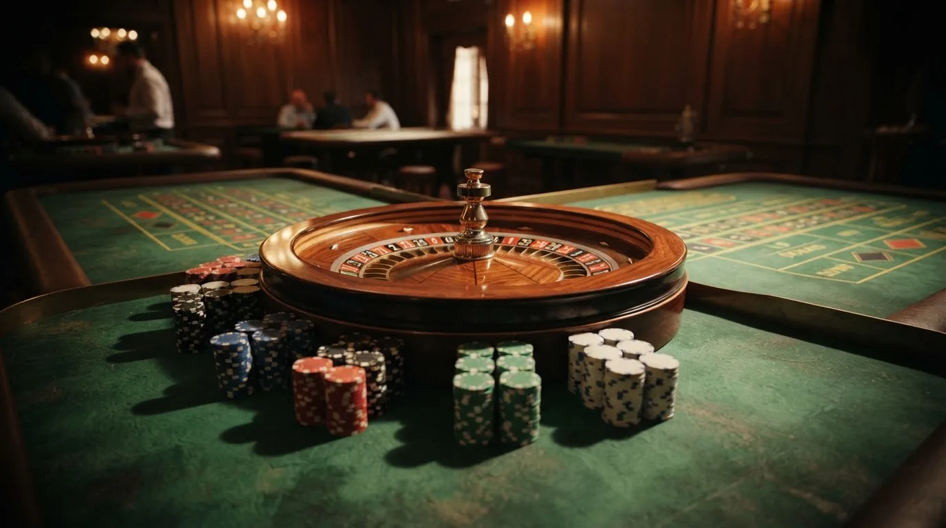 Roda de roleta e fichas sobre feltro verde, sob uma luz quente de fim de tarde — 5 euro casino em portugal