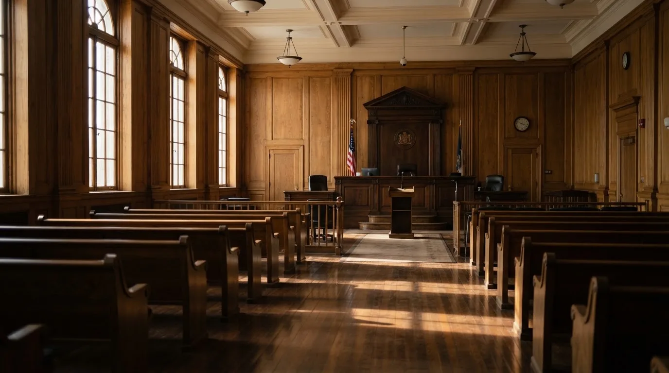 Sala de tribunal vazia com painéis de madeira, à luz da manhã — blackjack ao vivo em portugal