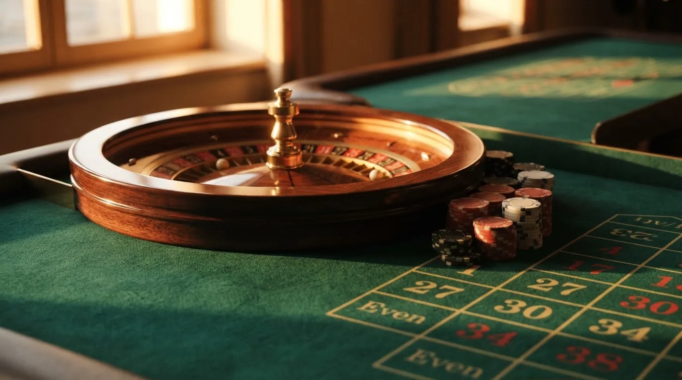Roda de roleta e fichas sobre feltro verde, sob uma luz quente de fim de tarde — blackjack ao vivo em portugal