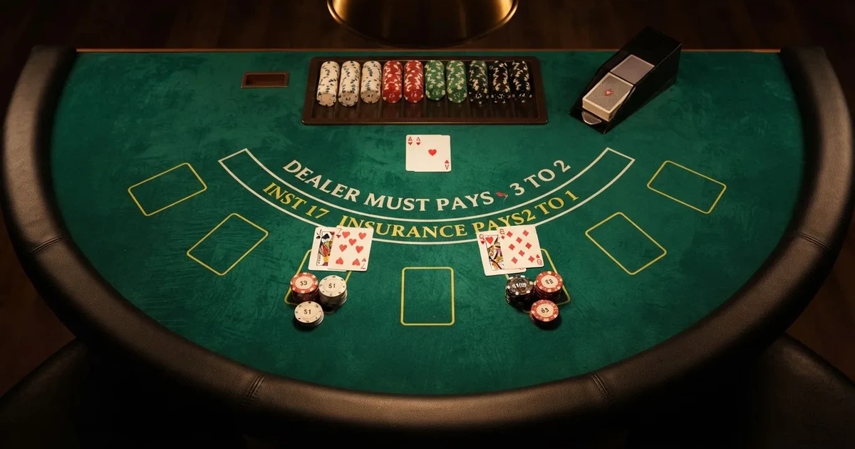 Mesa de jogo iluminada com cartas, vista de cima — blackjack ao vivo em portugal