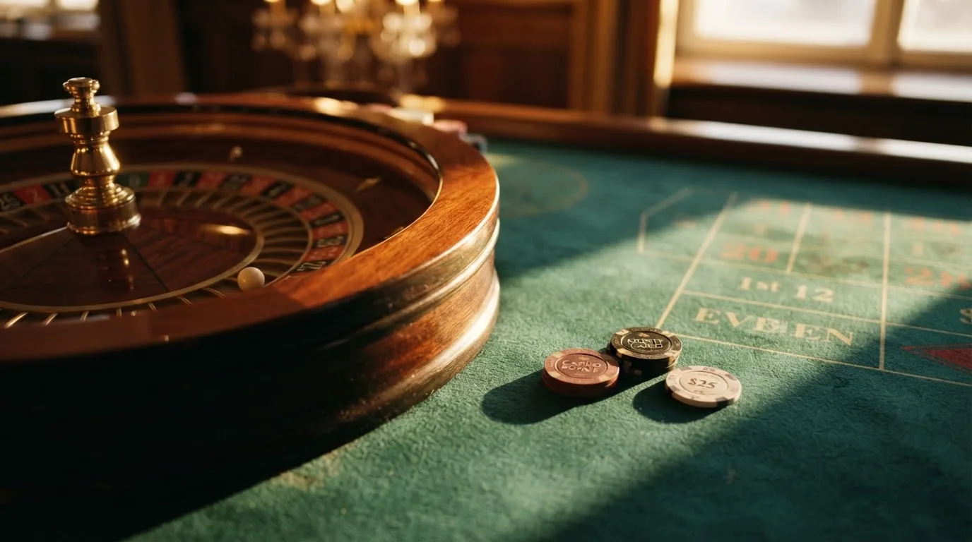 Roda de roleta e fichas sobre feltro verde, sob uma luz quente de fim de tarde — blackjack casinos em portugal