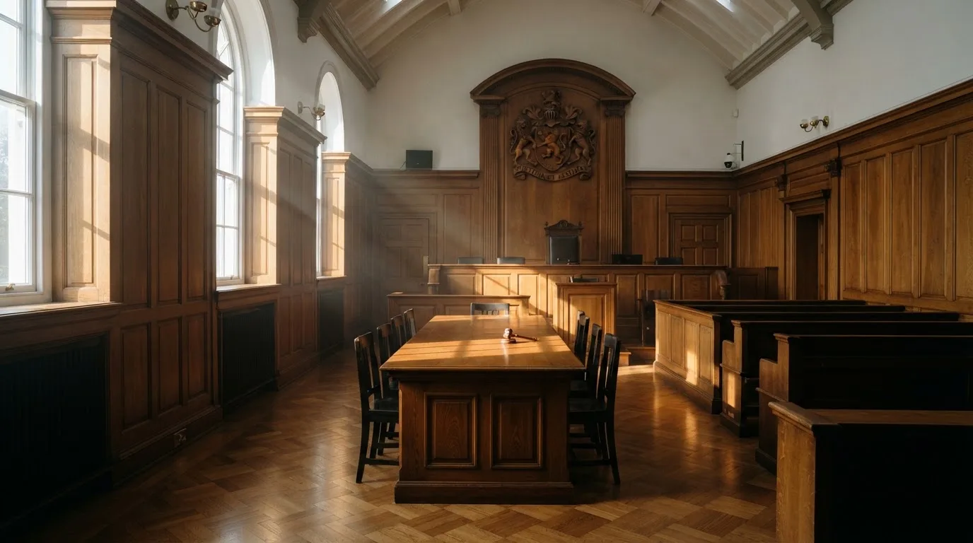 Sala de tribunal vazia com painéis de madeira, à luz da manhã — blackjack online casino em portugal