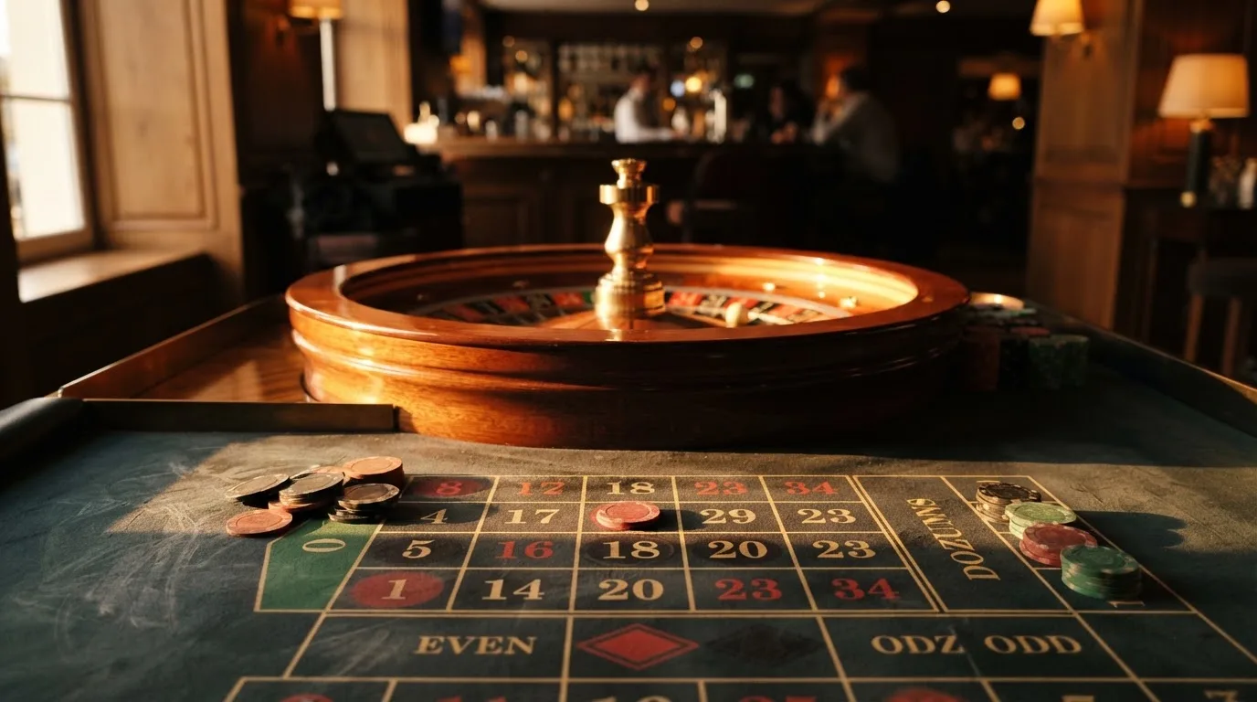 Roda de roleta e fichas sobre feltro verde, sob uma luz quente de fim de tarde — blackjack online casino em portugal