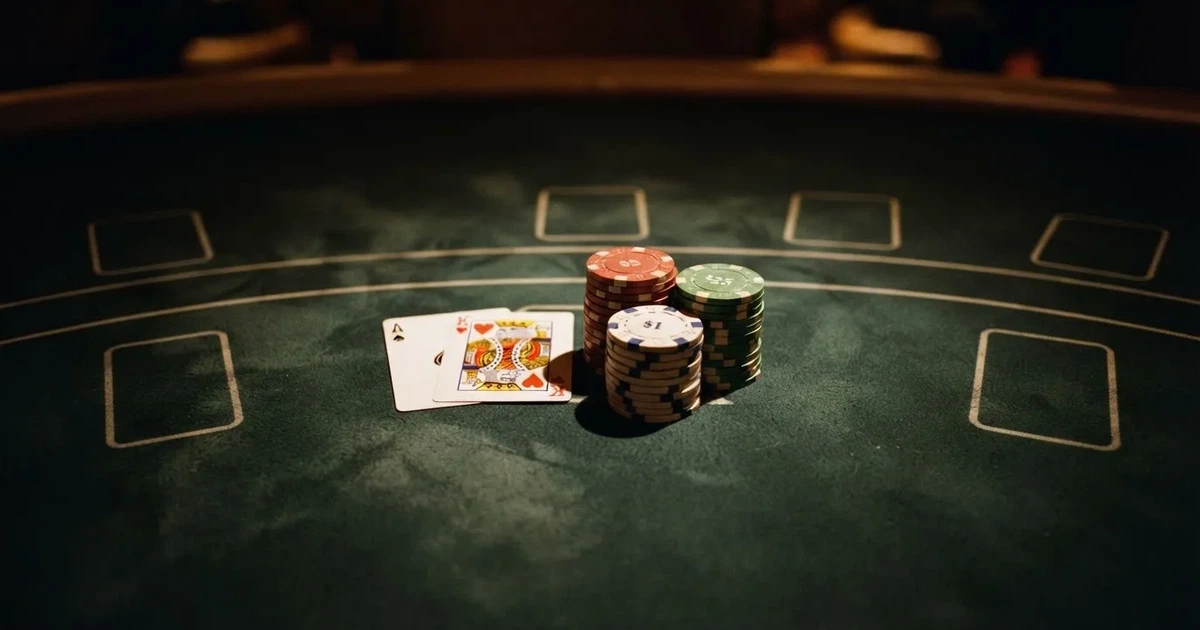 Mesa de jogo iluminada com cartas, vista de cima — blackjack regras para portugueses