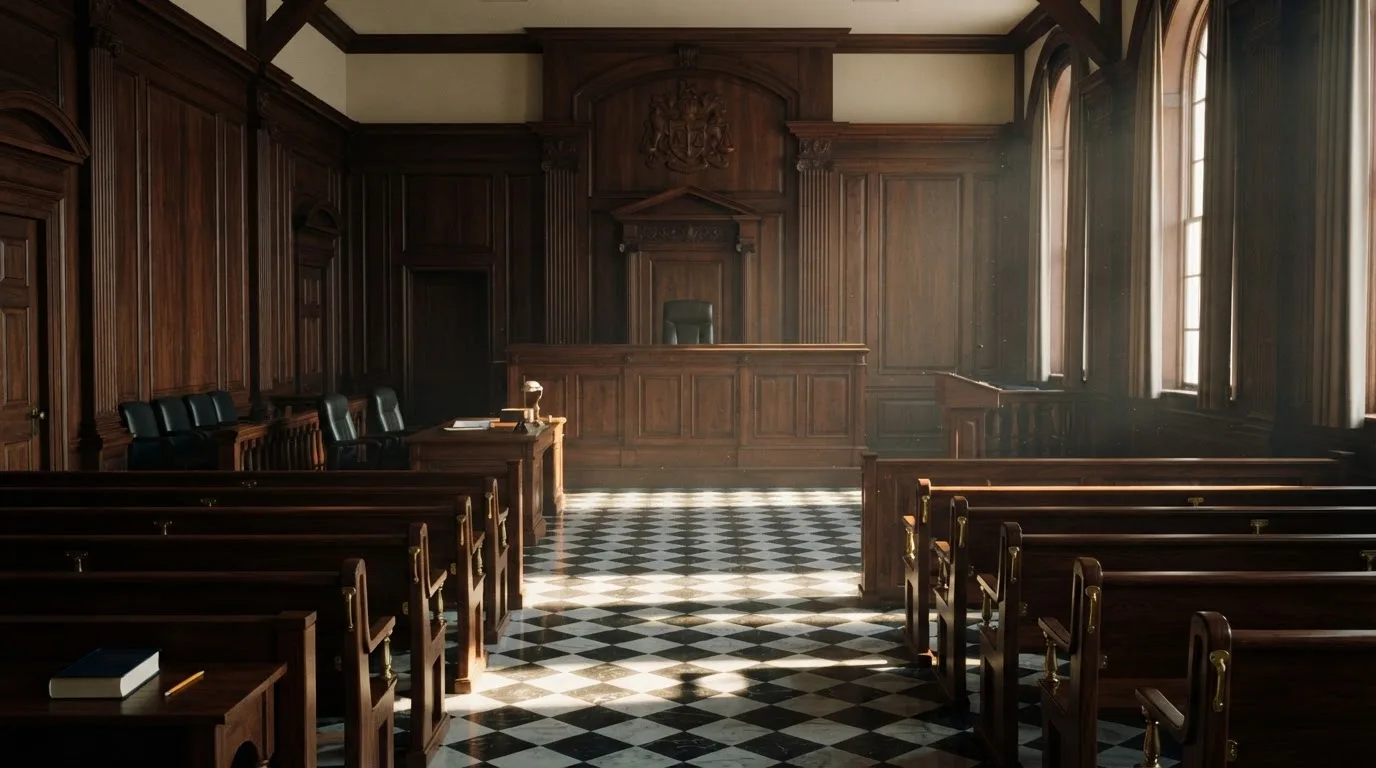Sala de tribunal vazia com painéis de madeira, à luz da manhã — caça-níqueis em casinos portugueses