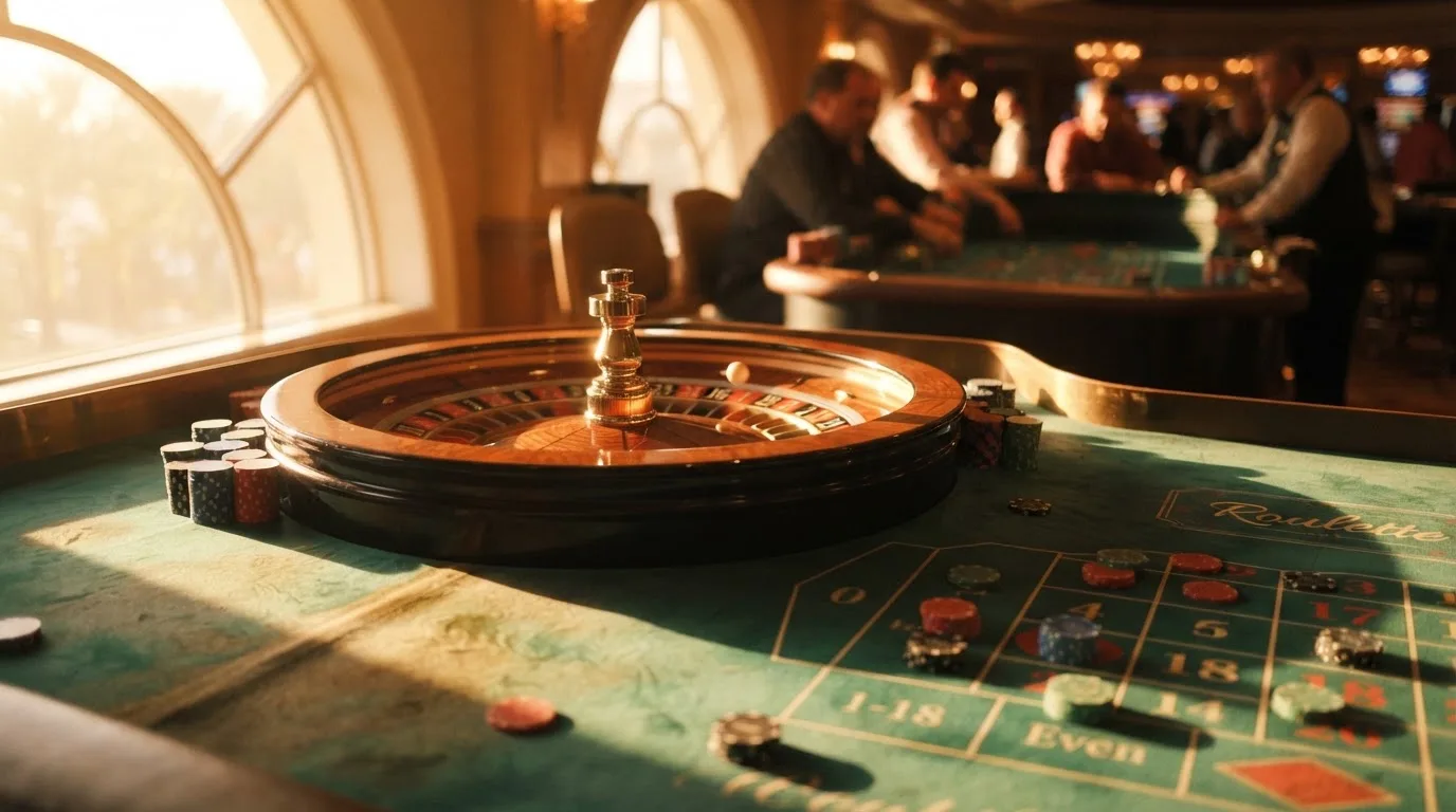 Roda de roleta e fichas sobre feltro verde, sob uma luz quente de fim de tarde — caça-níqueis em casinos portugueses