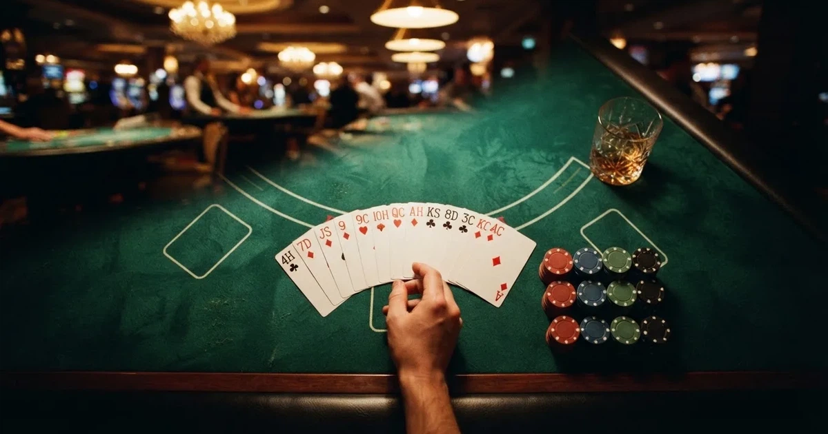 Mesa de jogo iluminada com cartas, vista de cima — caça-níqueis em casinos portugueses