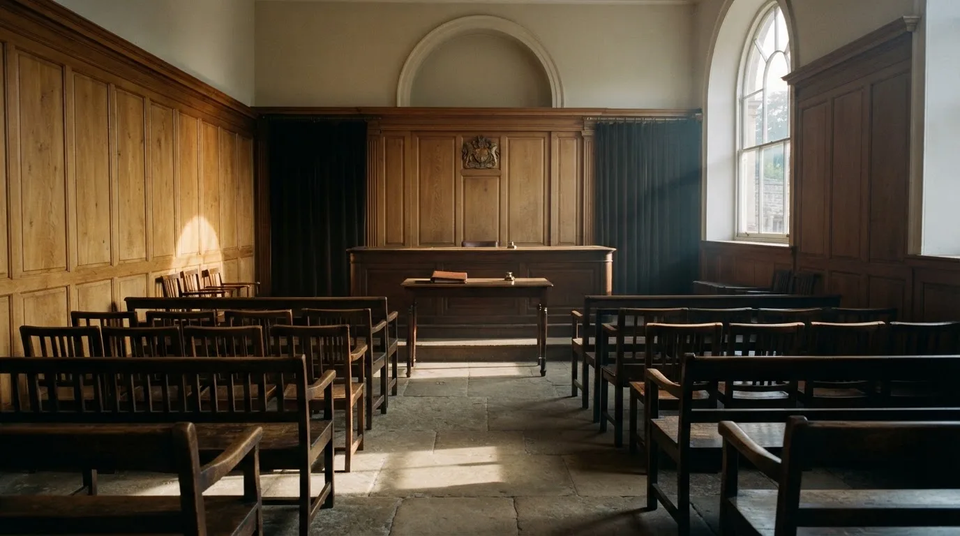 Sala de tribunal vazia com painéis de madeira, à luz da manhã — caça-níqueis grátis em portugal