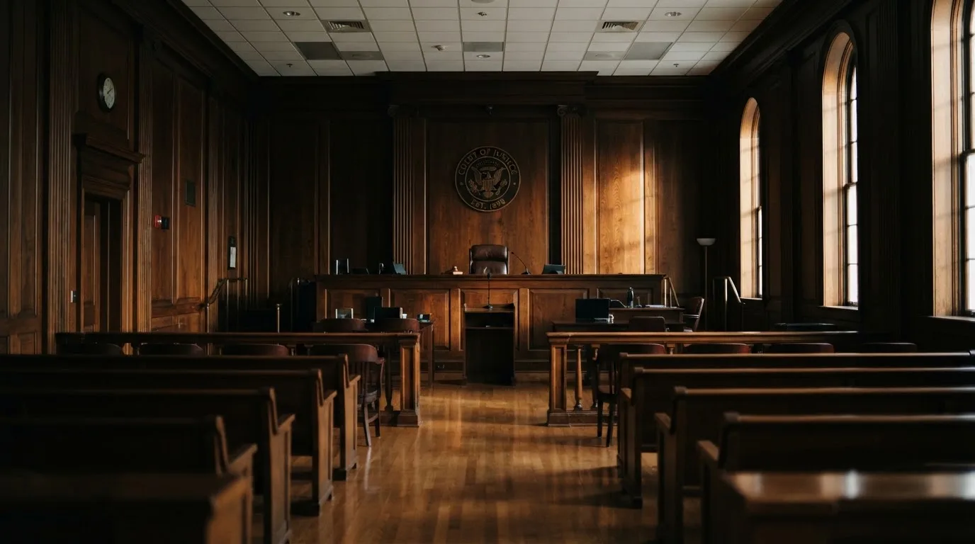 Sala de tribunal vazia com painéis de madeira, à luz da manhã — casino apostas em portugal