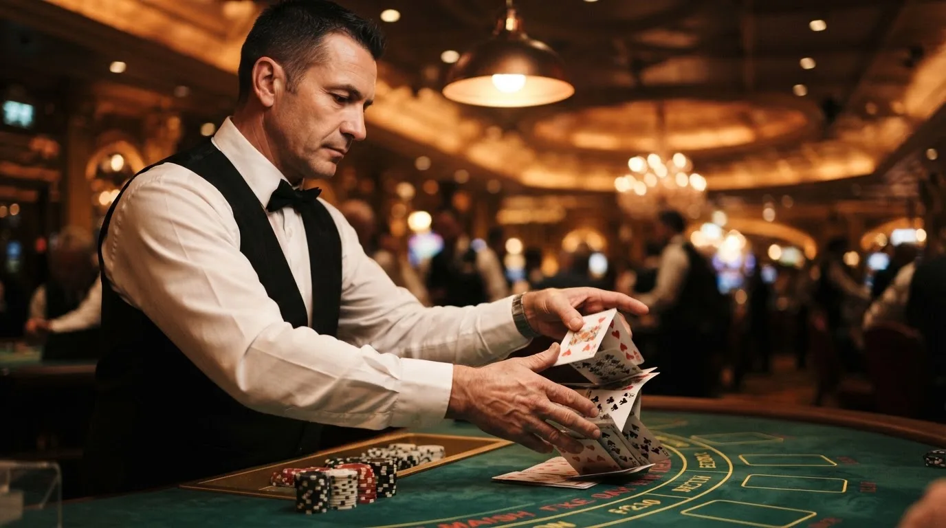 Croupier de gravata a baralhar cartas com destreza, vista lateral, fundo desfocado de um salão de casino em Portugal.