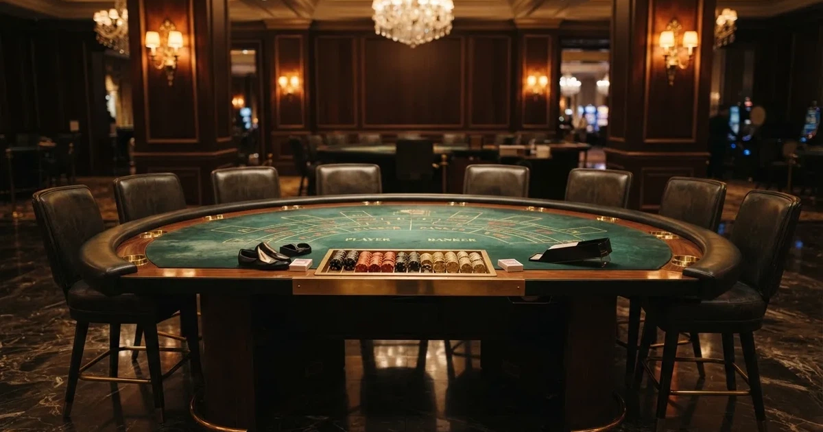 Mesa semicircular de bacará num casino elegante, com feltro verde e lugares vazios, iluminação dourada e fichas arrumadas por cores.