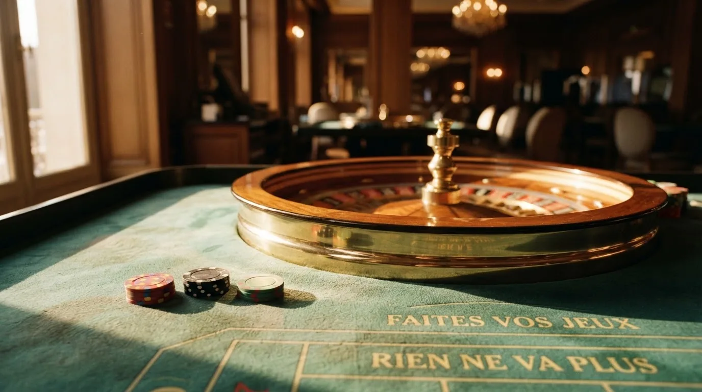 Roda de roleta e fichas sobre feltro verde, sob uma luz quente de fim de tarde — casino com bingo em portugal