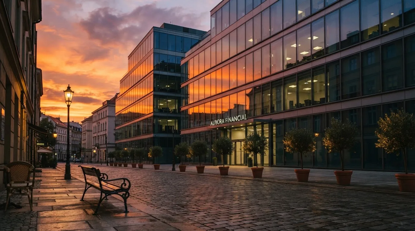 Edifício de escritórios com fachada de vidro ao entardecer, reflexo do céu cor-de-laranja e uma rua tranquila em primeiro plano.