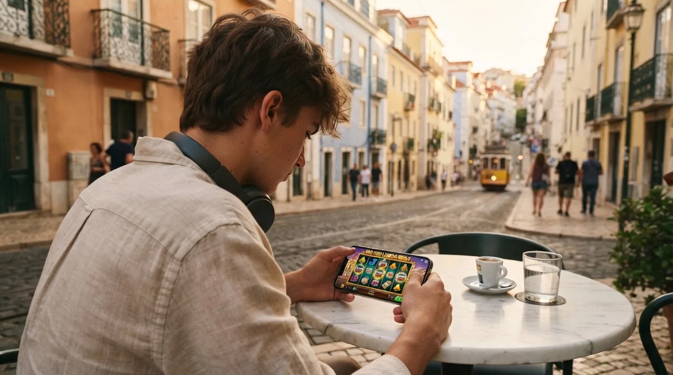 Jovem a trabalhar num café com portátil e auscultadores ao pescoço, esplanada de Lisboa ao fundo, luz suave.