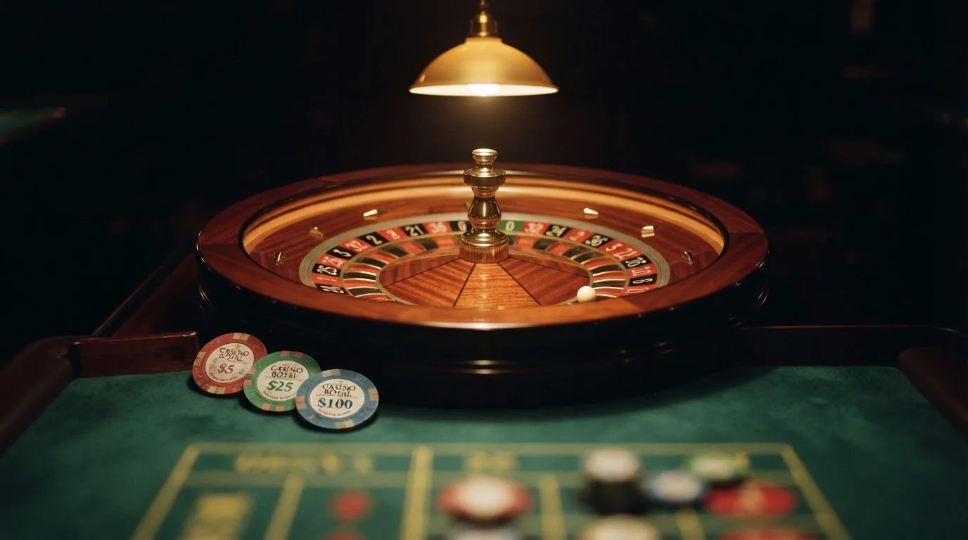 Roda de roleta e fichas sobre feltro verde, sob uma luz quente de fim de tarde — casino com bônus no cadastro pt