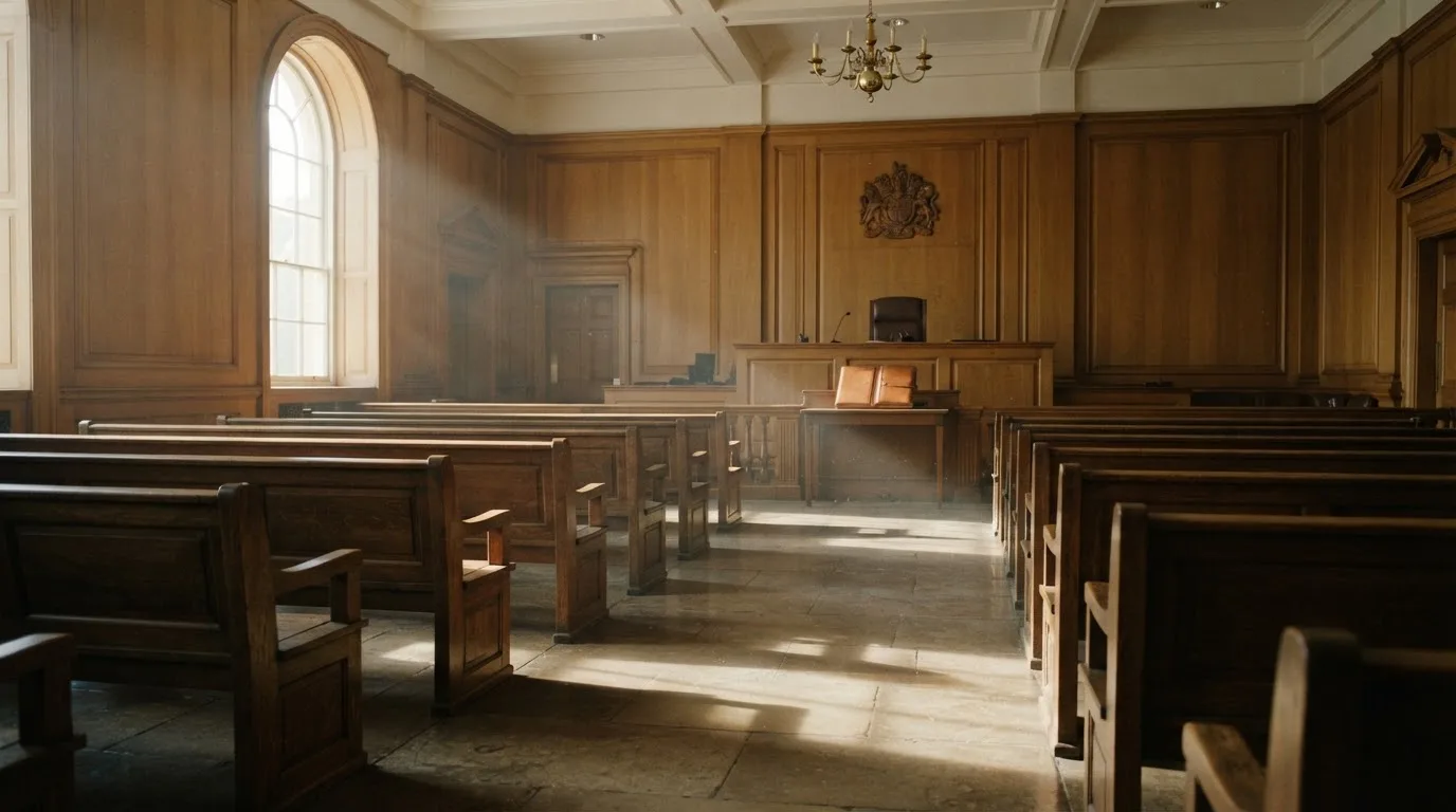 Sala de tribunal vazia com painéis de madeira, à luz da manhã — casino com dinheiro em portugal