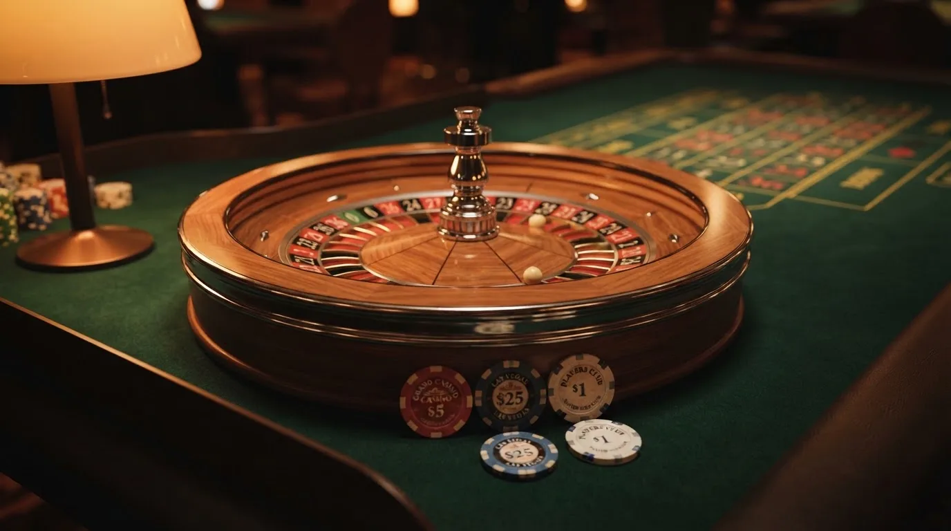 Roda de roleta e fichas sobre feltro verde, sob uma luz quente de fim de tarde — casino com dinheiro em portugal