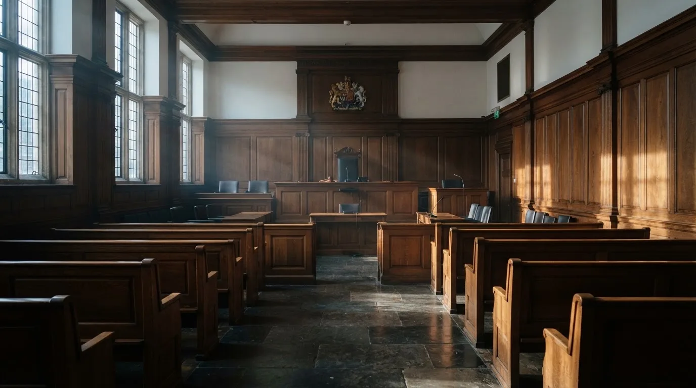 Sala de tribunal vazia com painéis de madeira, à luz da manhã — casino com ethereum em portugal