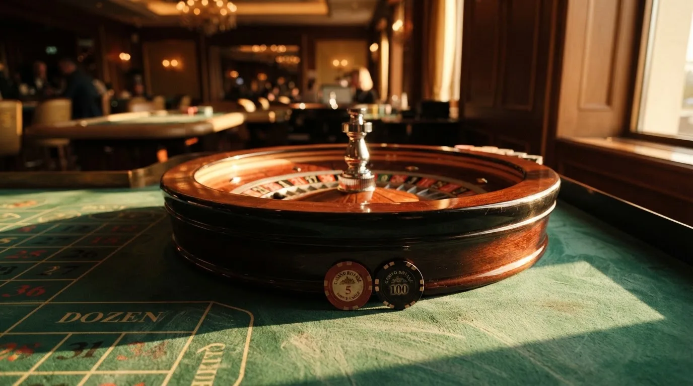 Roda de roleta e fichas sobre feltro verde, sob uma luz quente de fim de tarde — casino com ethereum em portugal
