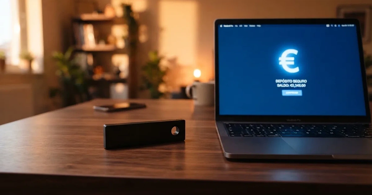 Carteira de hardware e computador portátil numa secretária, com luz suave — casino com ethereum em portugal