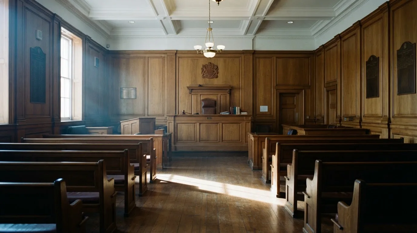 Sala de tribunal vazia com painéis de madeira, à luz da manhã — casino com free spins em portugal