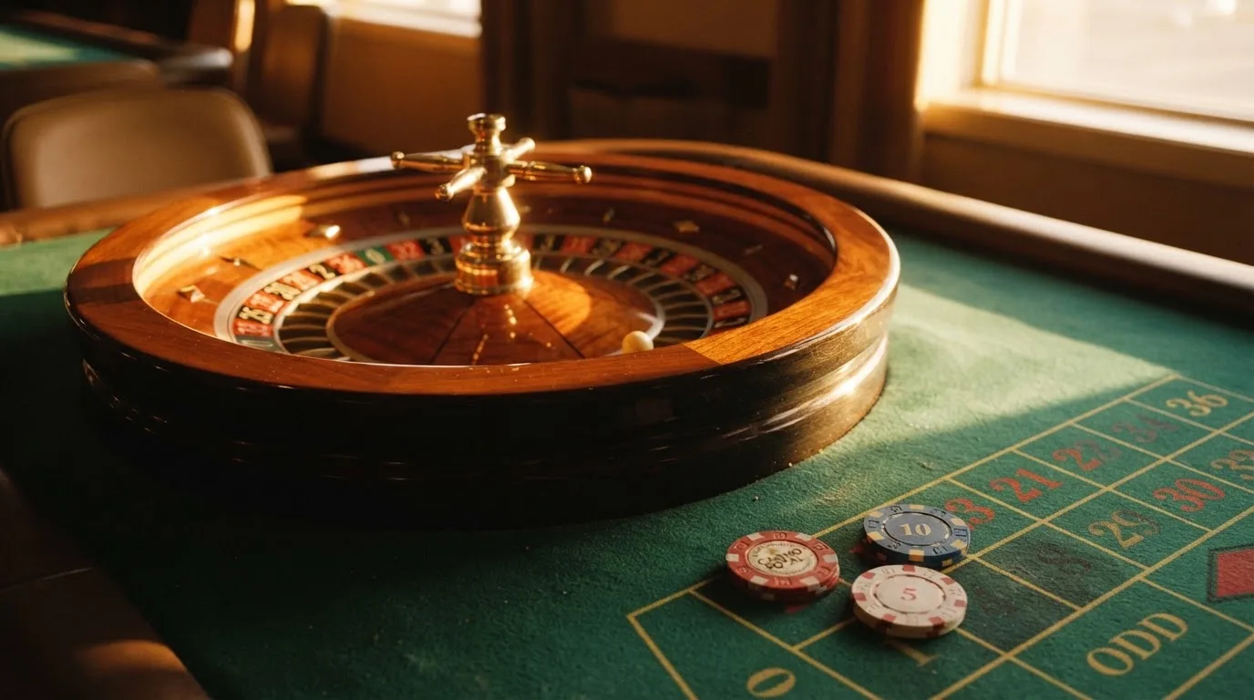 Roda de roleta e fichas sobre feltro verde, sob uma luz quente de fim de tarde — casino com free spins em portugal