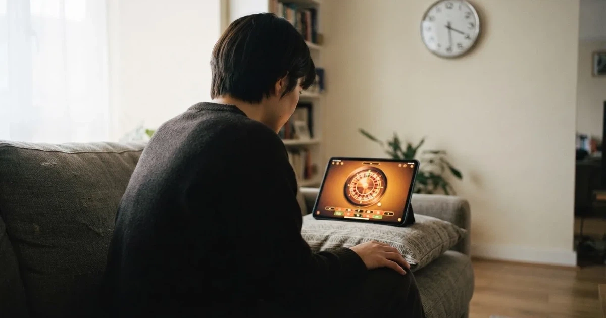 Pessoa num sofá a olhar pensativa para um tablet, com um relógio na parede atrás — casino com free spins em portugal