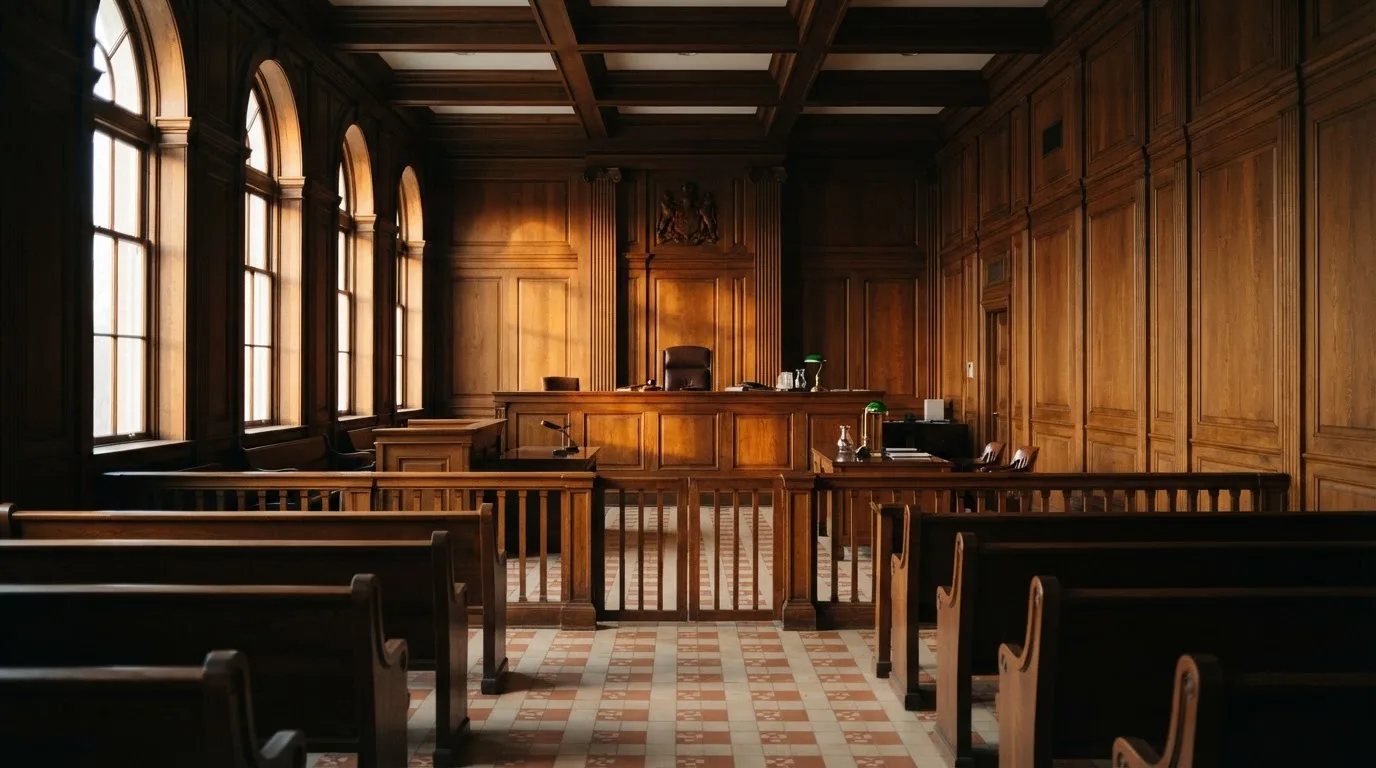 Sala de tribunal vazia com painéis de madeira, à luz da manhã — casino com grátis spins pt
