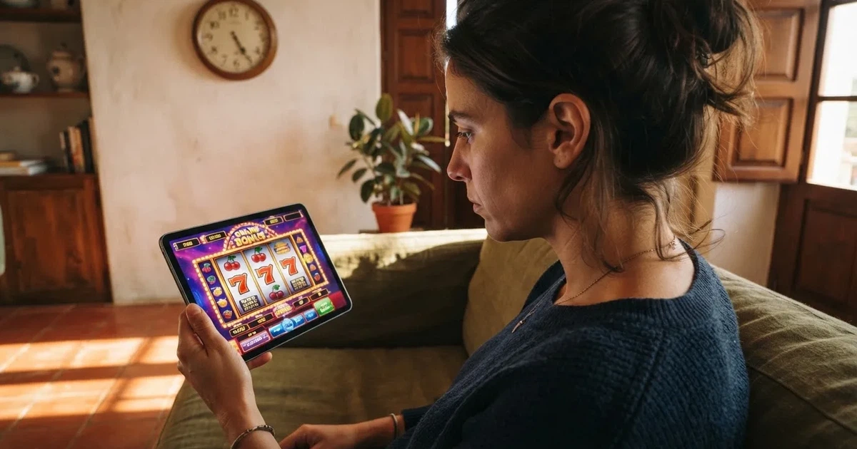 Pessoa num sofá a olhar pensativa para um tablet, com um relógio na parede atrás — casino com grátis spins pt