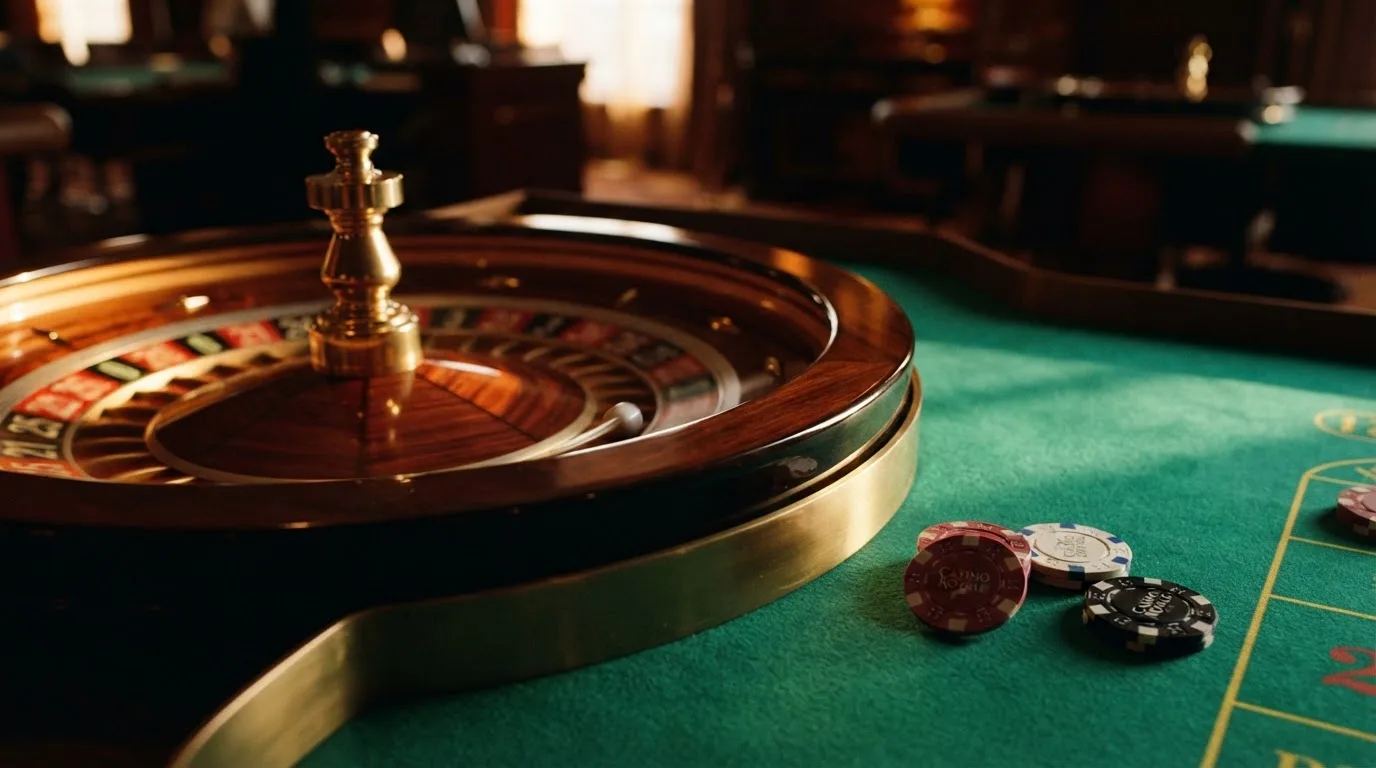 Roda de roleta e fichas sobre feltro verde, sob uma luz quente de fim de tarde — casino com levantamento pt