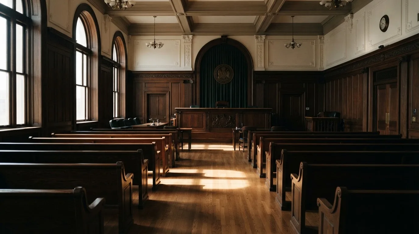 Sala de tribunal vazia com painéis de madeira, à luz da manhã — casino com litecoin em portugal