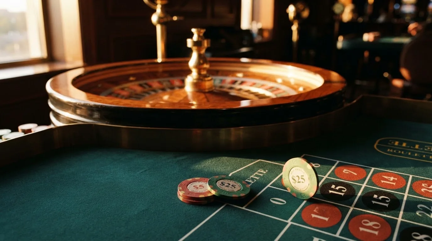 Roda de roleta e fichas sobre feltro verde, sob uma luz quente de fim de tarde — casino com litecoin em portugal