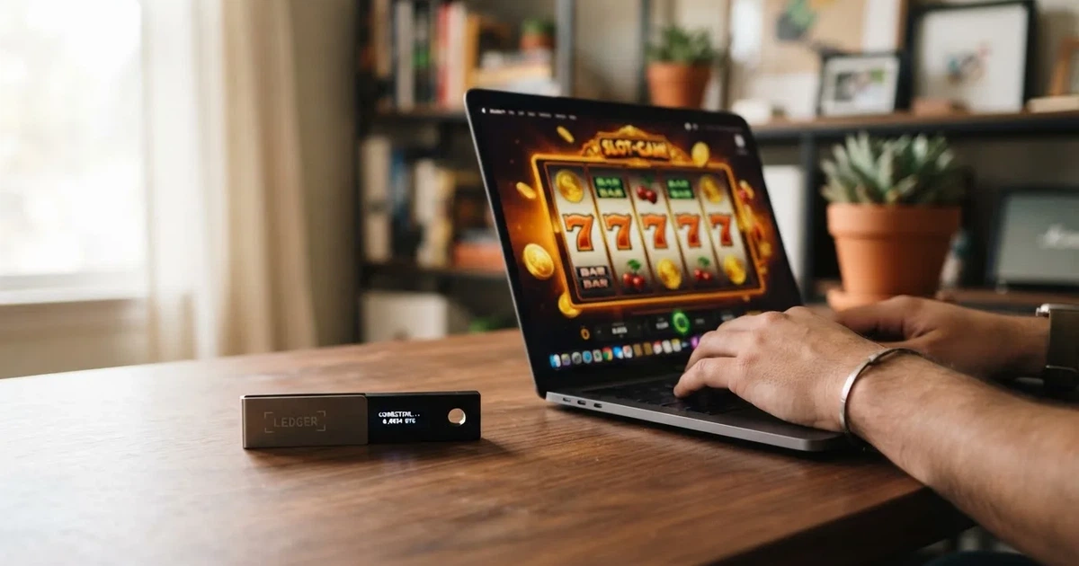 Carteira de hardware e computador portátil numa secretária, com luz suave — casino com litecoin em portugal
