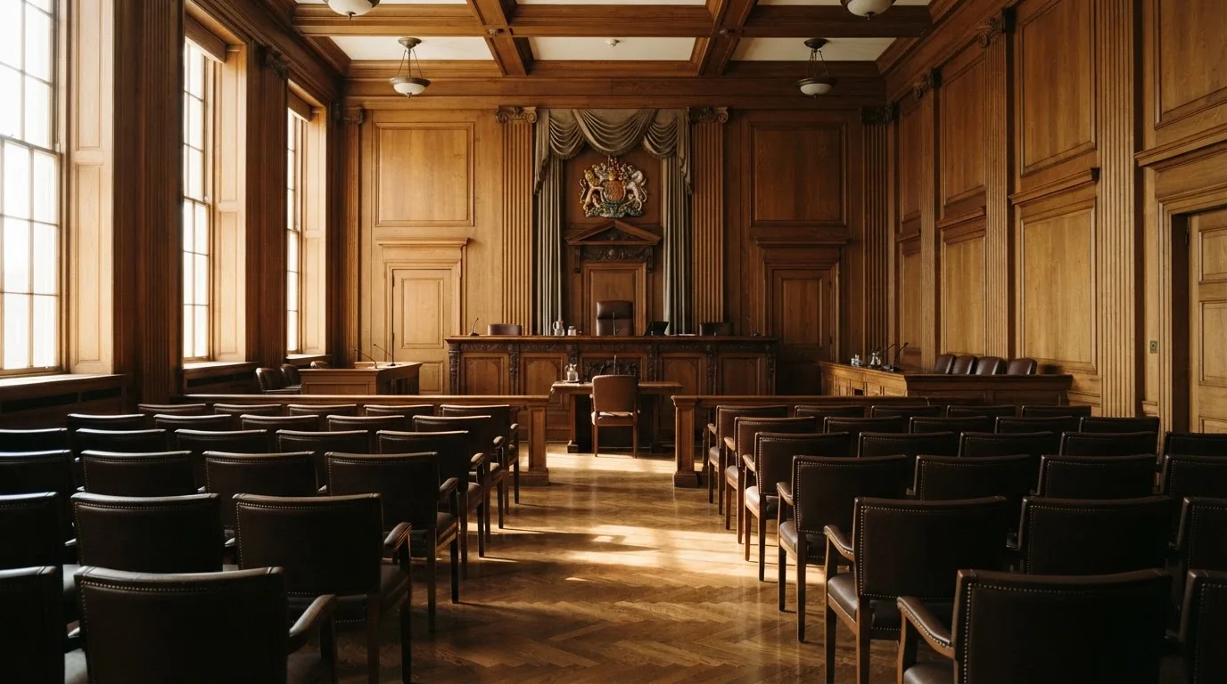 Sala de tribunal vazia com painéis de madeira, à luz da manhã — casino com solana em portugal