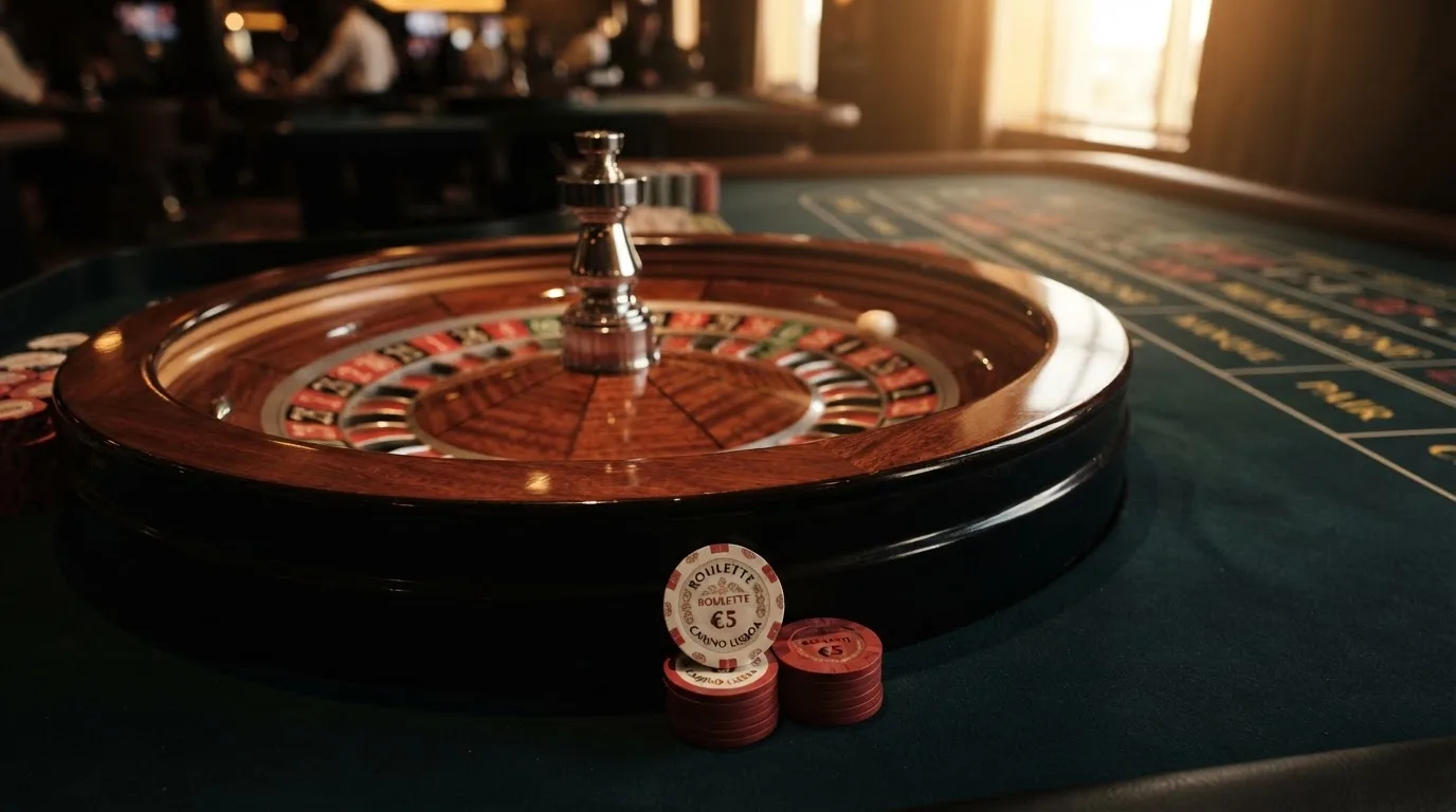Roda de roleta e fichas sobre feltro verde, sob uma luz quente de fim de tarde — casino com solana em portugal