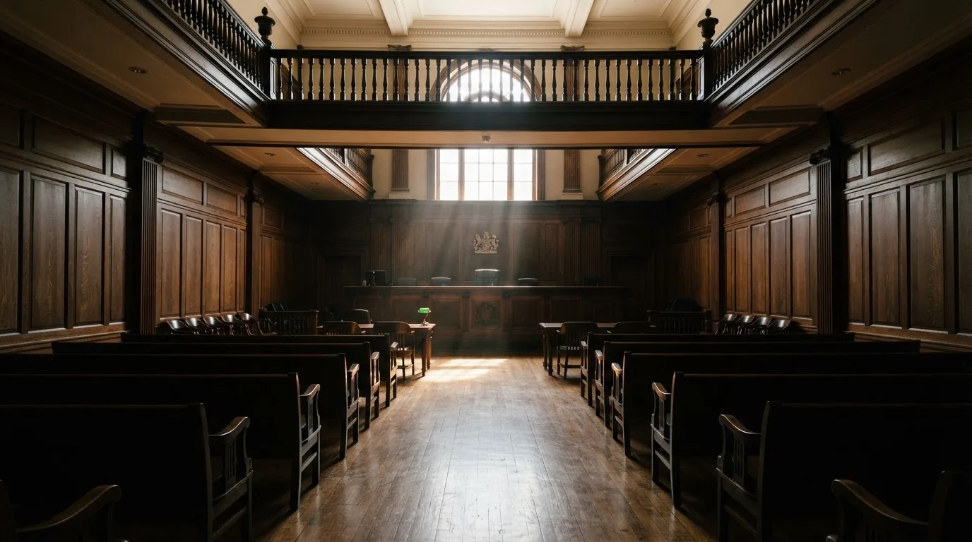 Sala de tribunal vazia com painéis de madeira, à luz da manhã — casino com tether em portugal