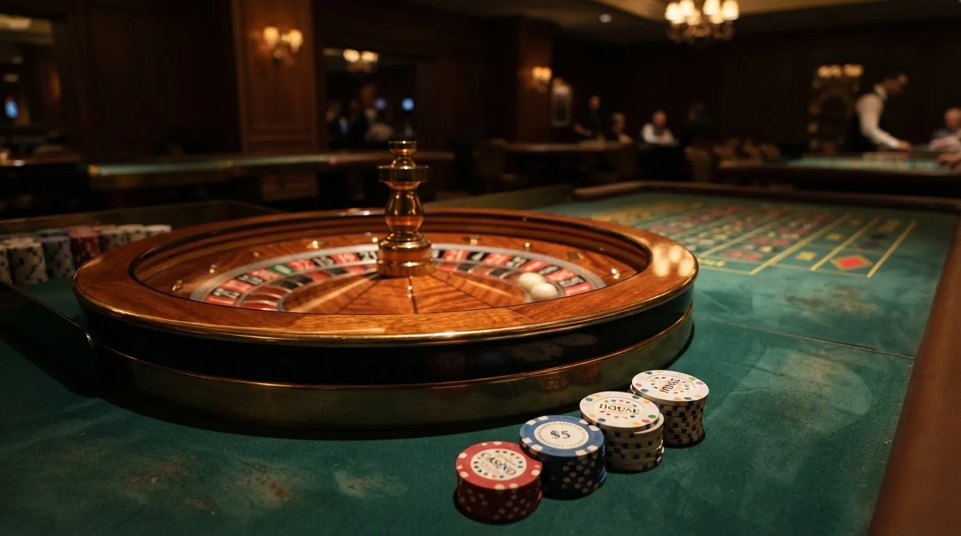 Roda de roleta e fichas sobre feltro verde, sob uma luz quente de fim de tarde — casino com tether em portugal