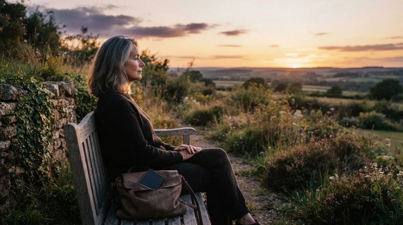 Pessoa sentada num banco de jardim ao pôr do sol, a olhar para o horizonte, com o telemóvel guardado numa mala.