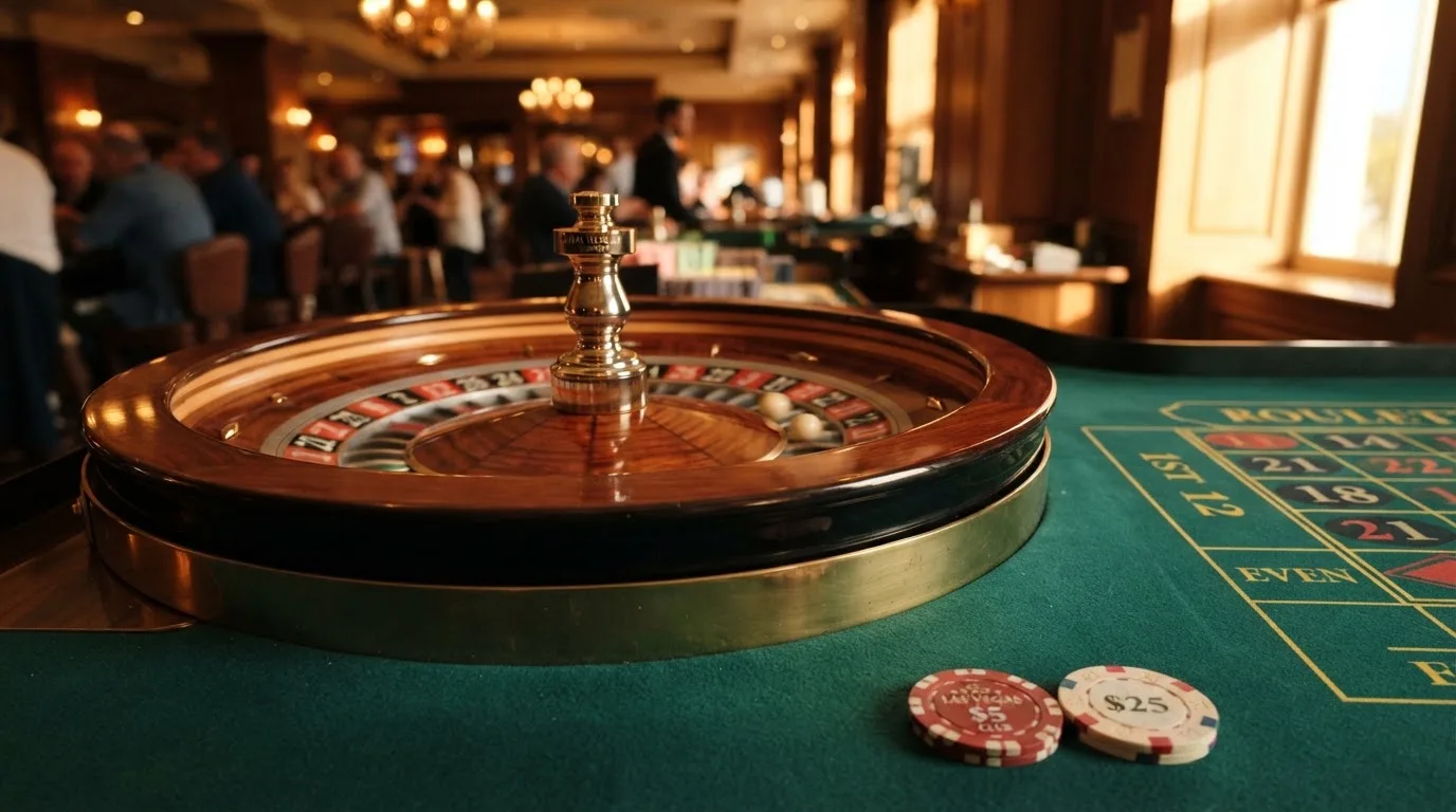 Roda de roleta e fichas sobre feltro verde, sob uma luz quente de fim de tarde — casino é confiável em portugal