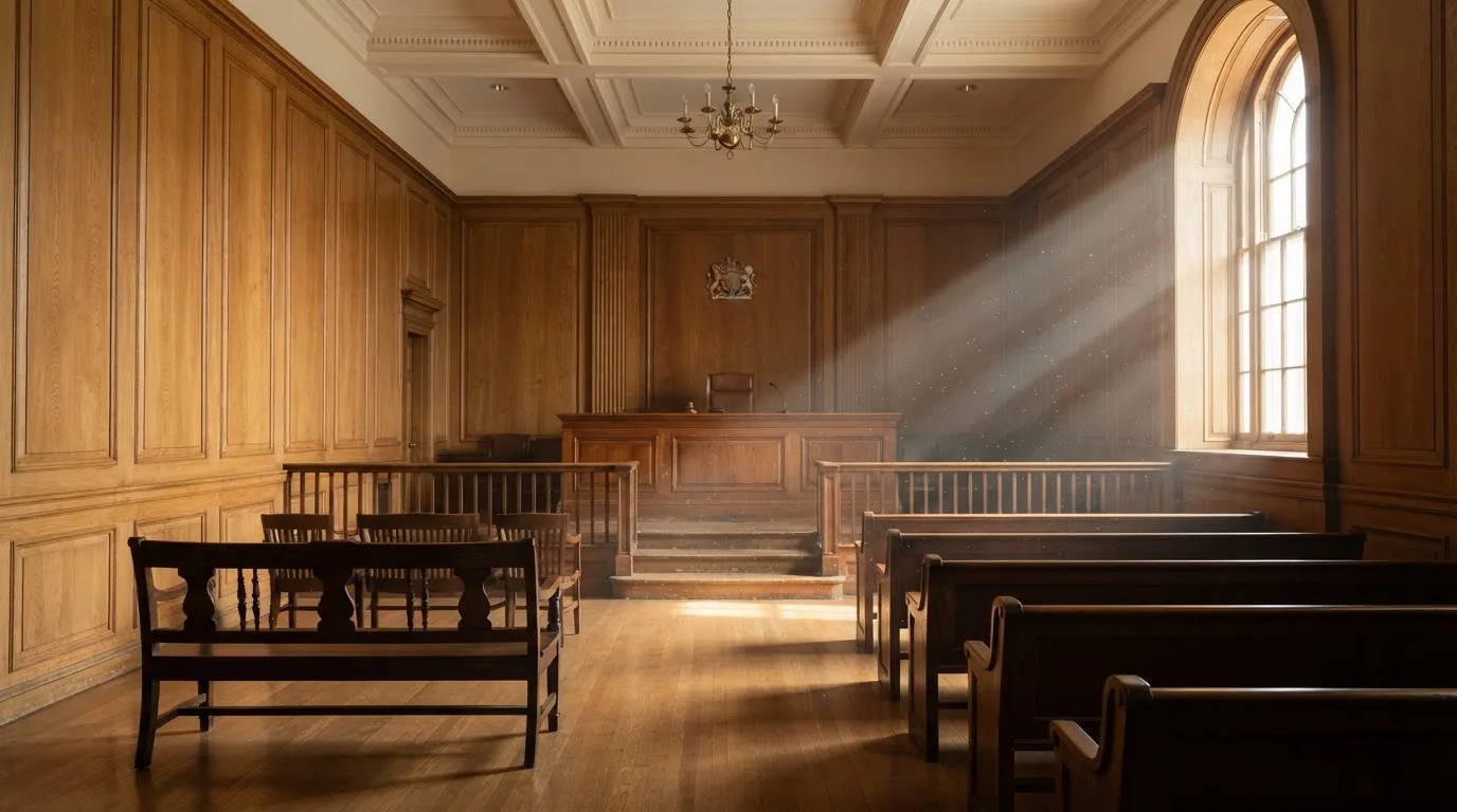 Sala de tribunal vazia com painéis de madeira, à luz da manhã — casino pagamentos em portugal