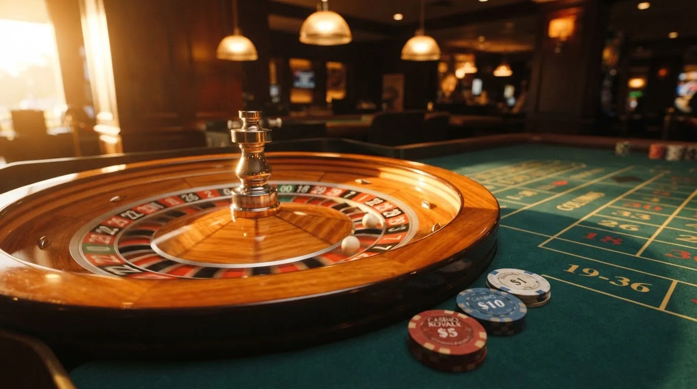 Roda de roleta e fichas sobre feltro verde, sob uma luz quente de fim de tarde — casino pagamentos em portugal