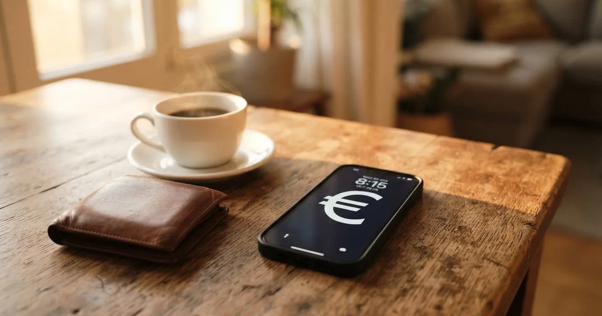 Telemóvel numa mesa de madeira ao lado de uma carteira e de uma chávena de café — casino pagamentos em portugal