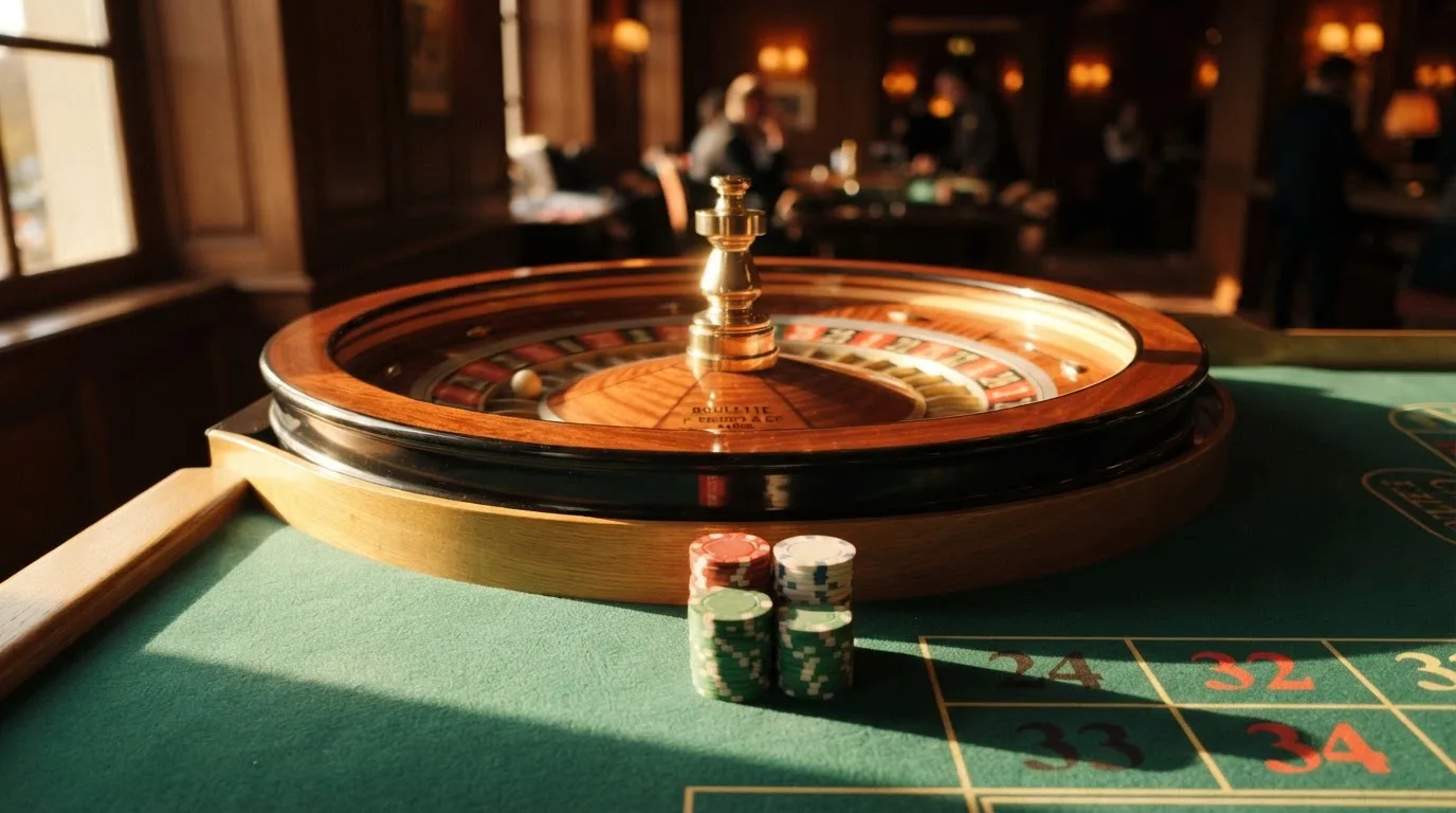 Roda de roleta e fichas sobre feltro verde, sob uma luz quente de fim de tarde — casino slots portugues