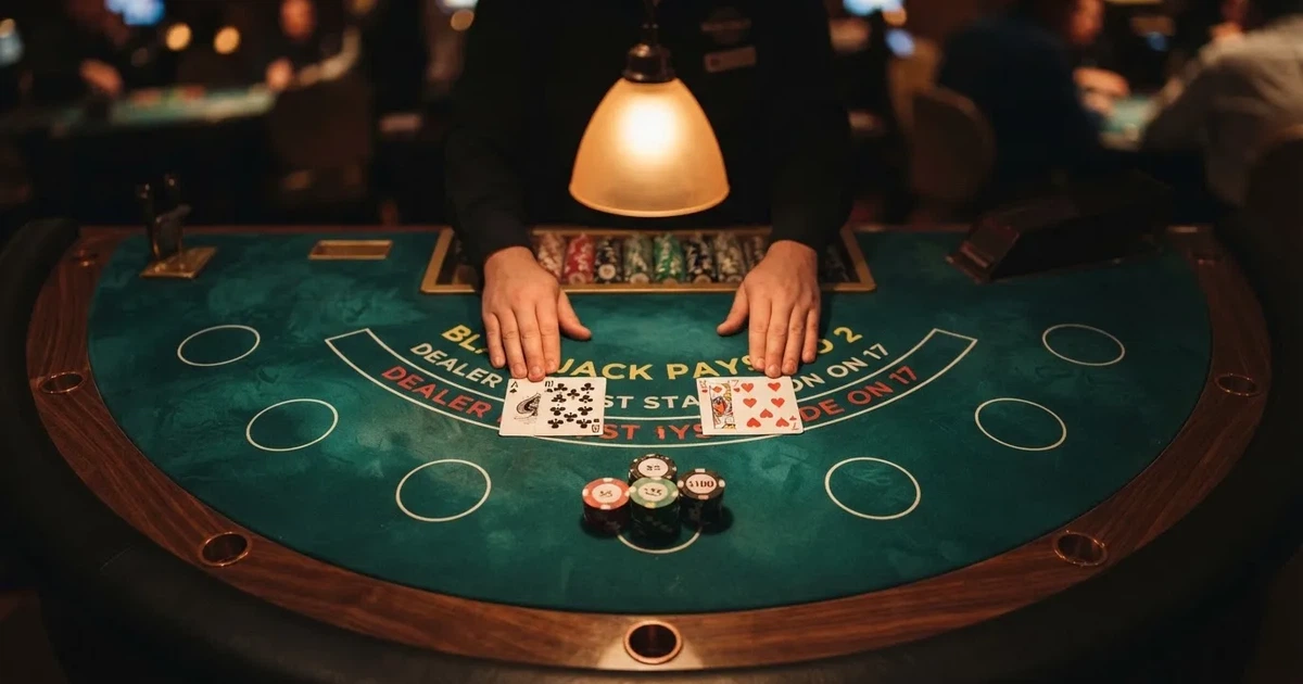 Mesa de jogo iluminada com cartas, vista de cima — casino slots portugues